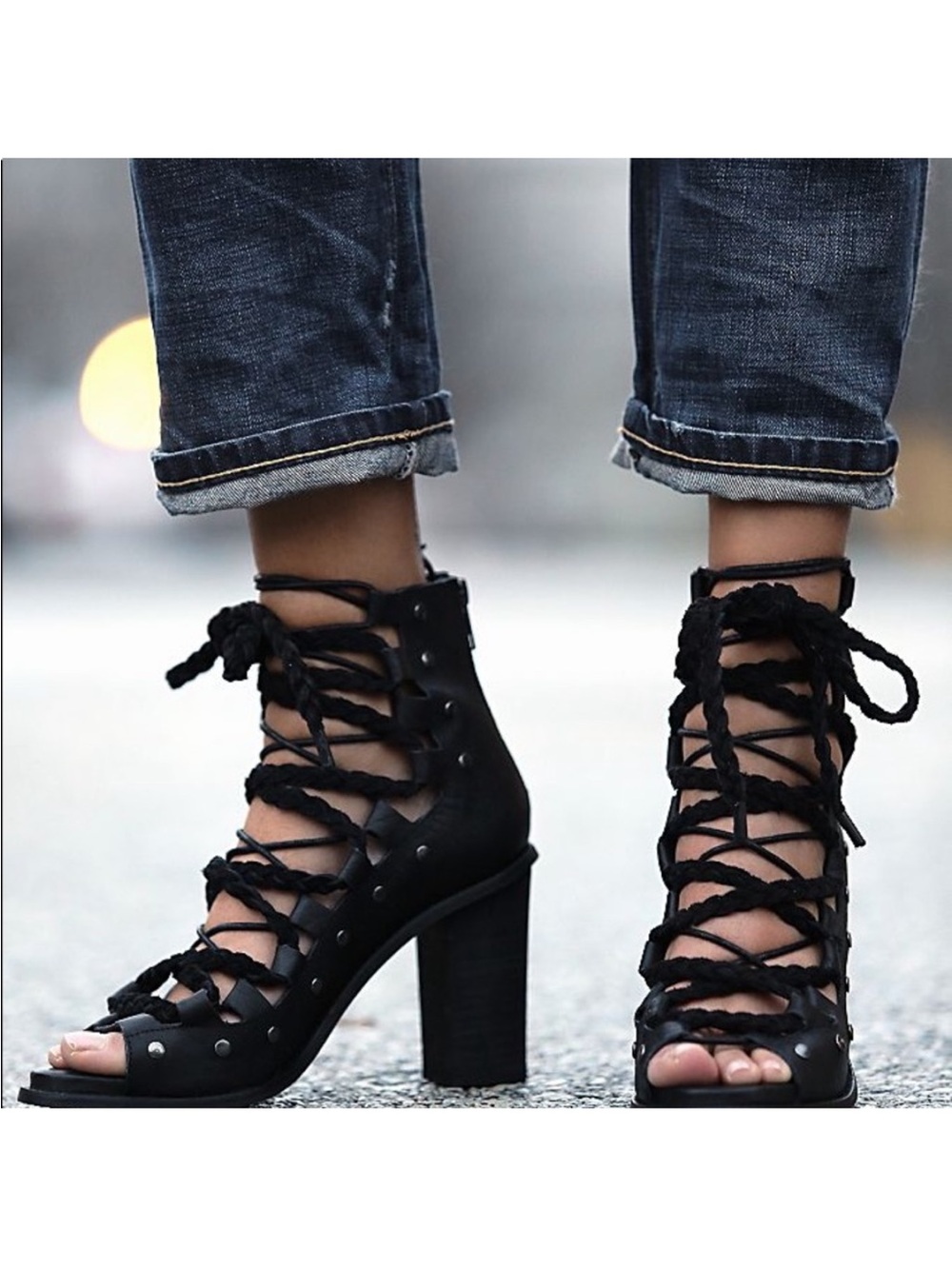 Free People Black Studded Braided Lace Block Heel Sandals